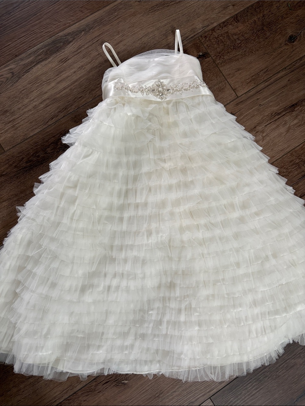 David's Bridal Ivory Spaghetti-Strap Ruffled Tulle Dress Beaded Waist Flowergirl